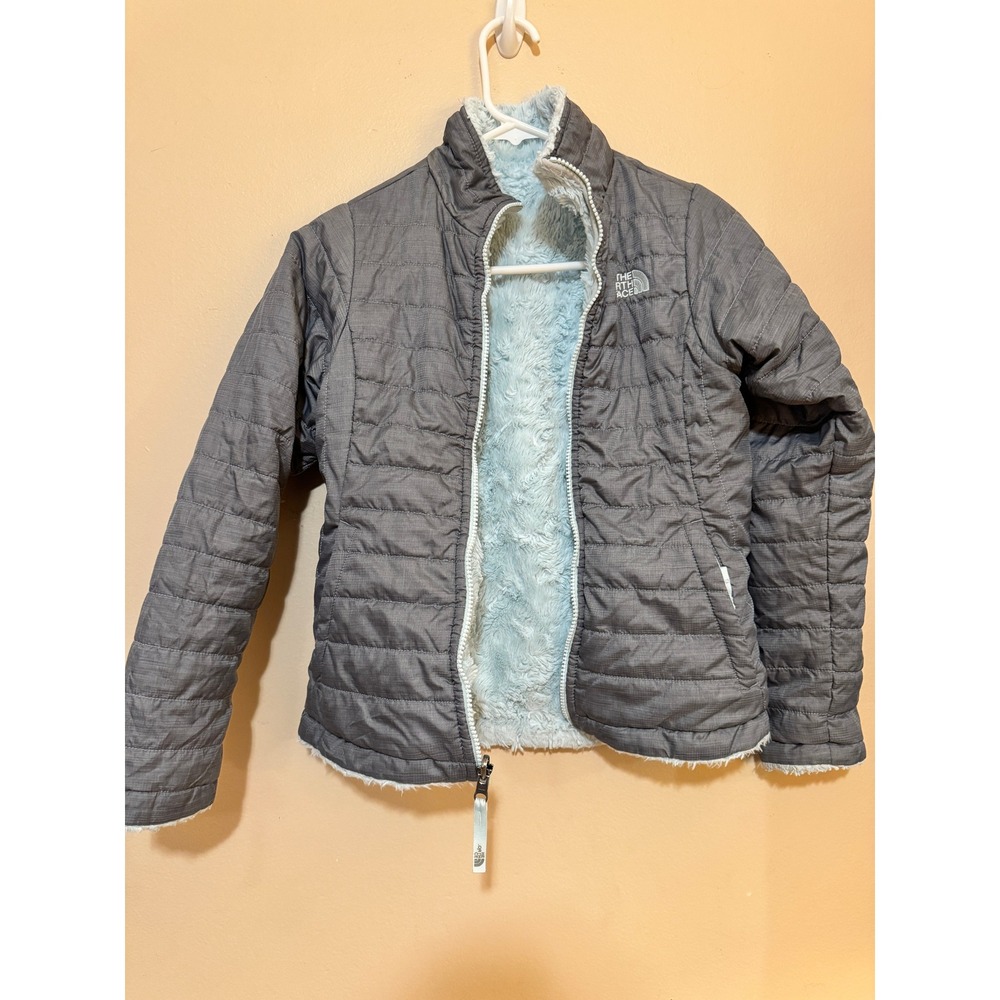 The North Face Girls Reversible Mossbud Swirl Jacket Grey Blue Size M 10/12 - Picture 4 of 15